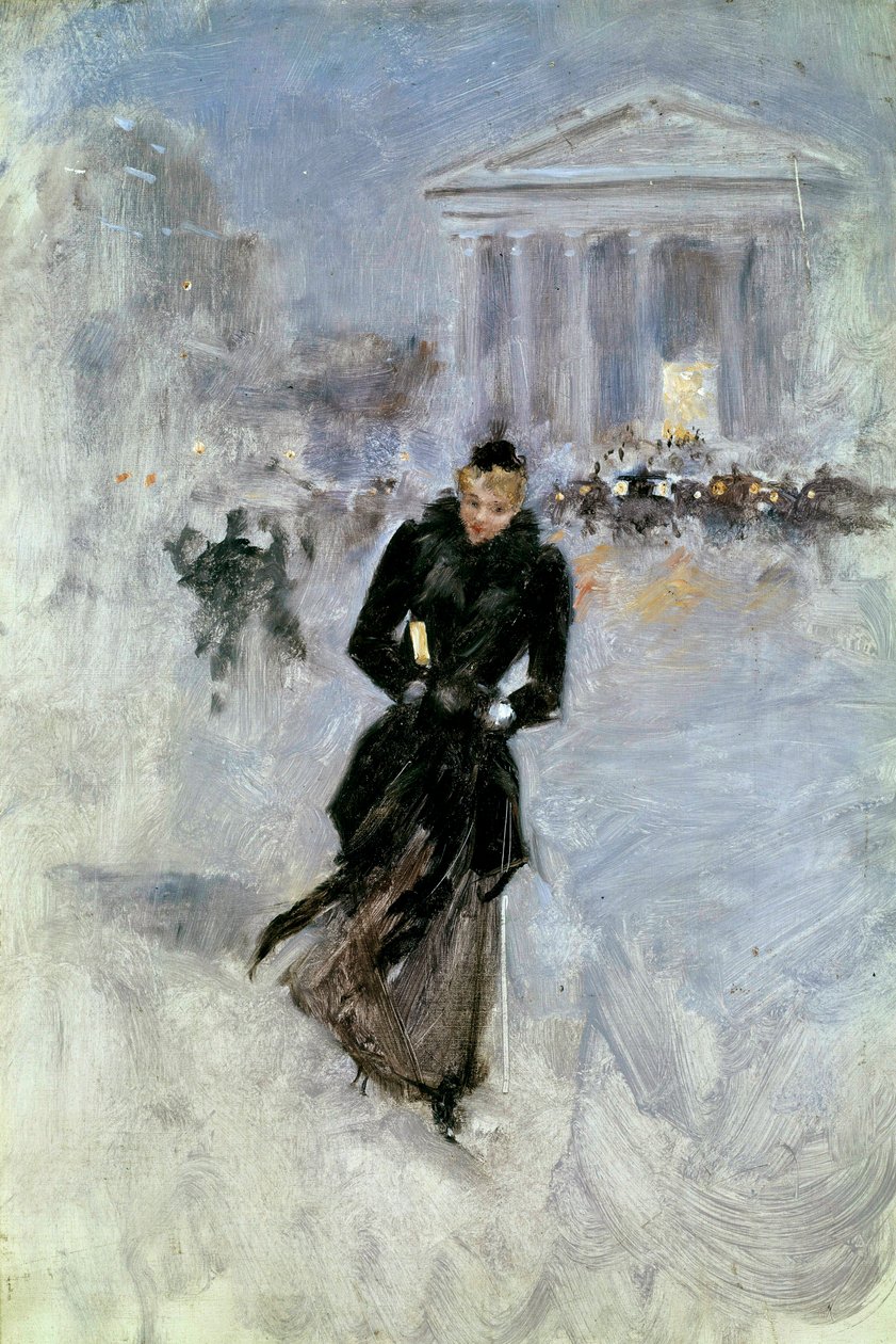 Giovane donna elegante con il boa in rue Royale a Parigi da Jean Beraud