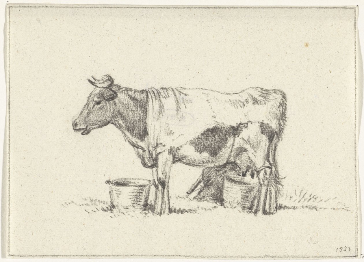 Mucca in piedi, con secchio del latte e sgabello per mungere da Jean Bernard