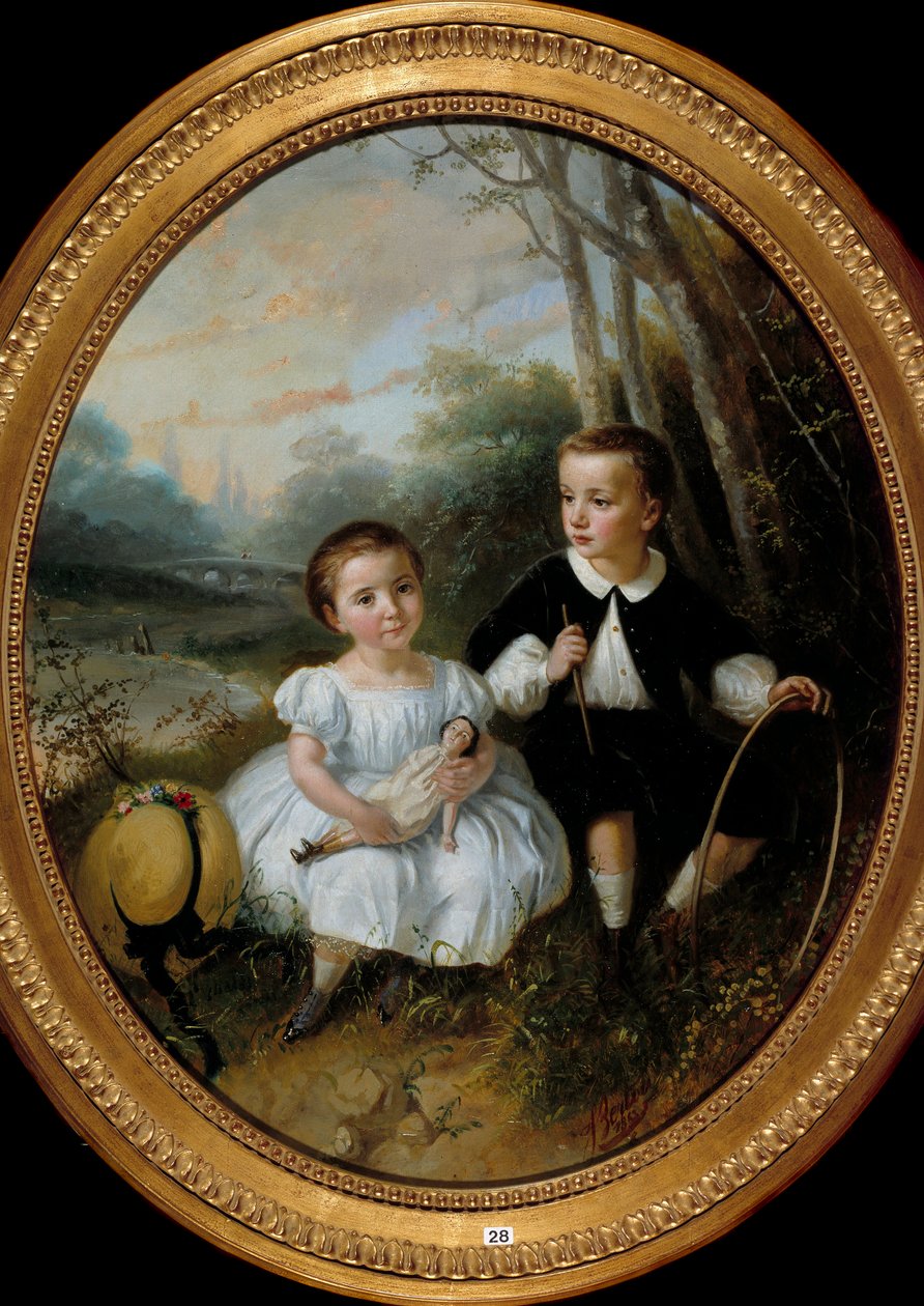 Il bambino con il cerchio Dipinto di Bertou 1863 Collezione privata da Jean Bertou