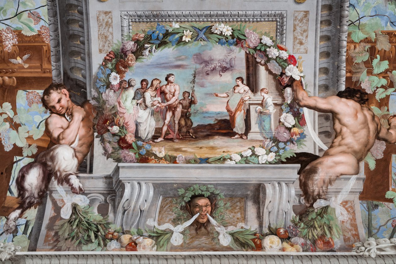 Bacco, con le sue vecchie nutrici e un satiro, chiede a Medea appoggiata a una colonna di ringiovanire le donne da Jean Boulanger
