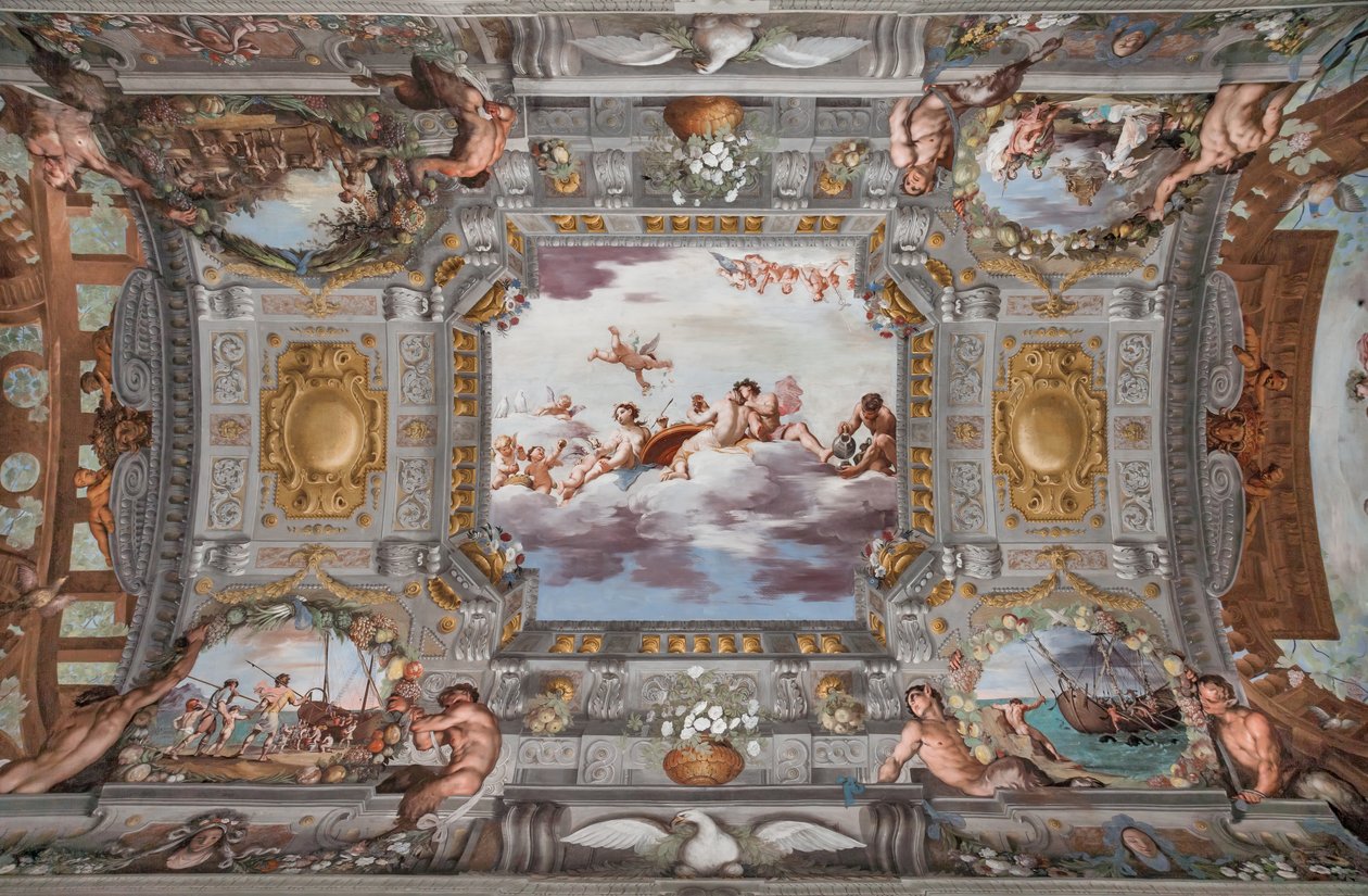 Banchetto di nozze. Sulle nuvole Bacco, Arianna e Venere con una figura che versa vino sono seduti a un tavolo rotondo. Gli altri dei osservano da lontano da Jean Boulanger
