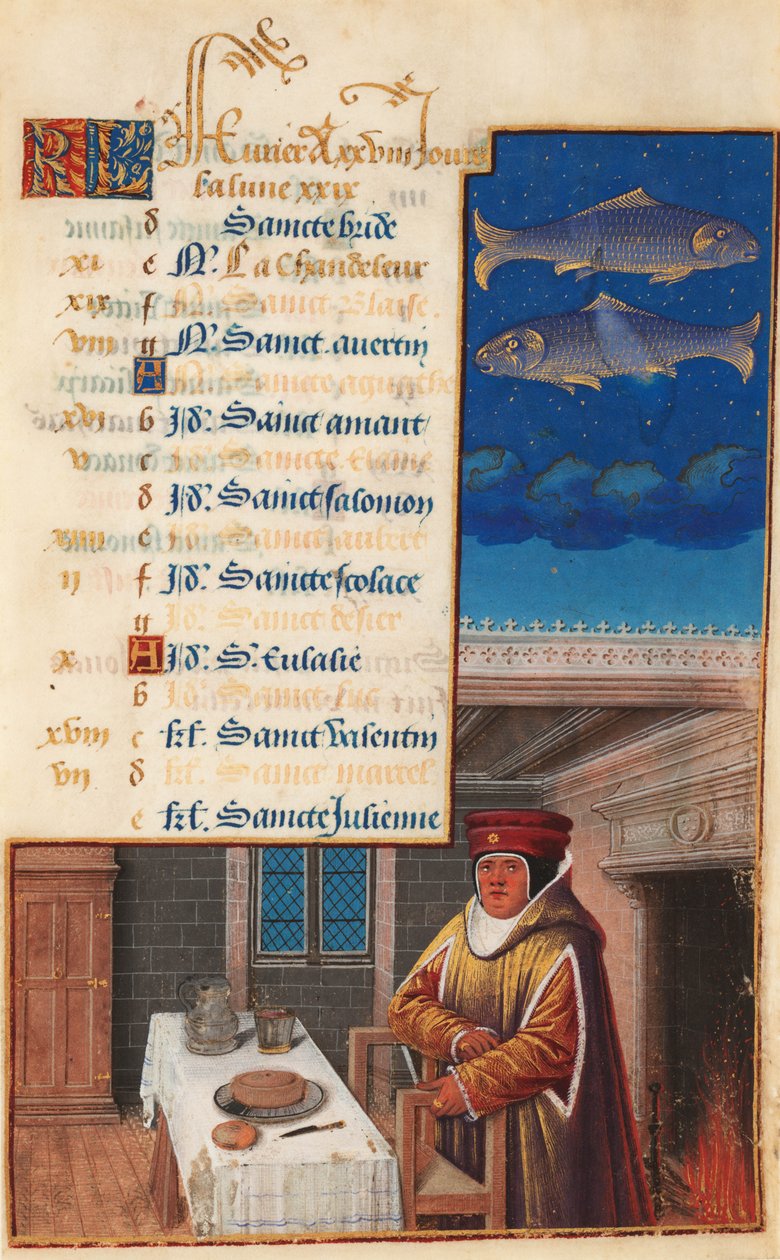 Ore di Luigi XII (precedentemente Ore di Enrico VII), foglio del calendario per il mese di febbraio, c.1490-1510 da Jean Bourdichon