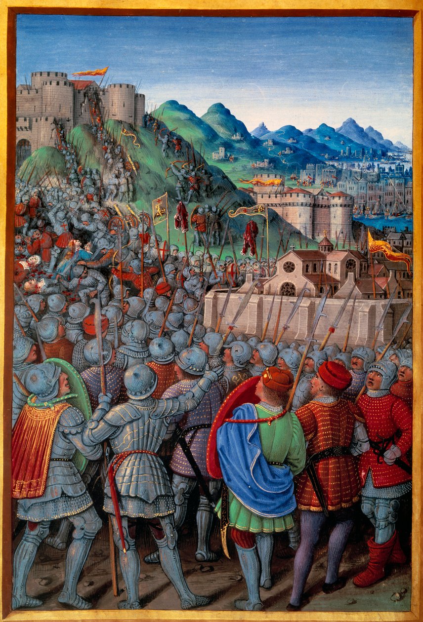 I Genovesi attaccano il Castellacio di Genova difeso dai Francesi (12 marzo 1507). Miniatura di Jean Bourdichon in "Voyage de Genes" (Folio 20v) scritto da Jean Marot, c.1508. Parigi, NL da Jean Bourdichon