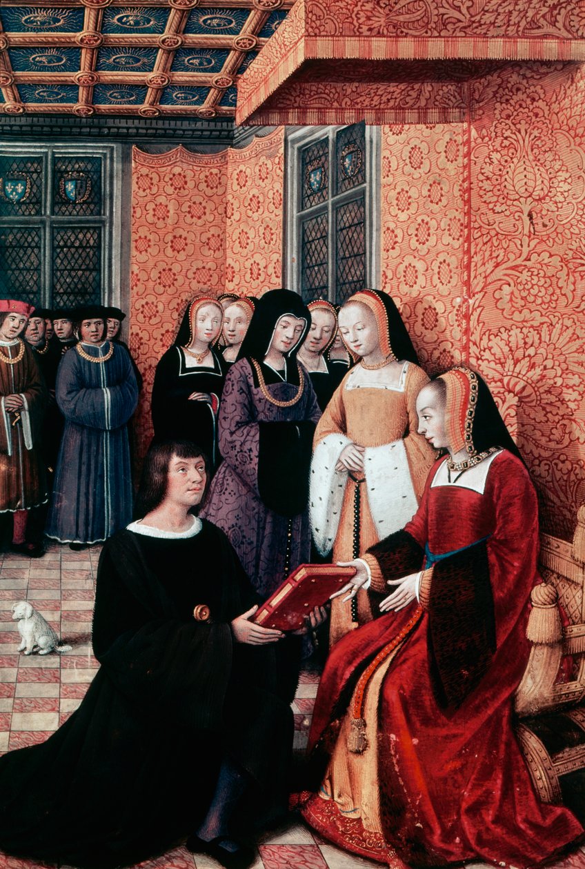 Il poeta Jean Marot (1450-1526) consegna il suo lavoro Voyage to Genoa ad Anna di Bretagna (1477-1514), ca 1508, miniatura di Jean Bourdichon (1457-1521). Francia da Jean Bourdichon