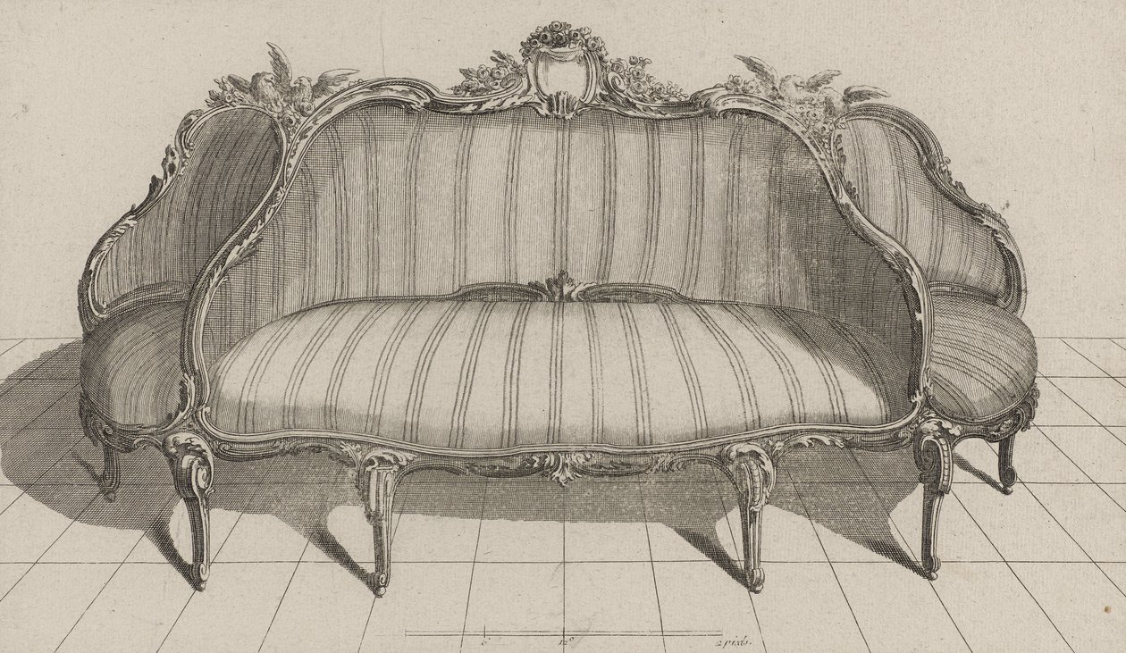 Canapè à Jouë nel gusto pittoresco, pubblicato a metà degli anni 1770 (incisione su carta vergata) da Jean Charles (after) Delafosse