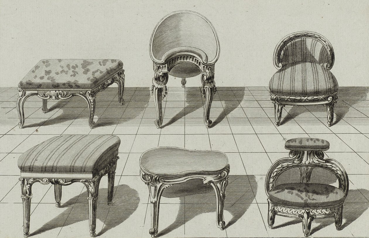 Tabourets, Bidets de Toilette, Marchepied, pubblicato a metà degli anni 1770 da Jean Charles (after) Delafosse
