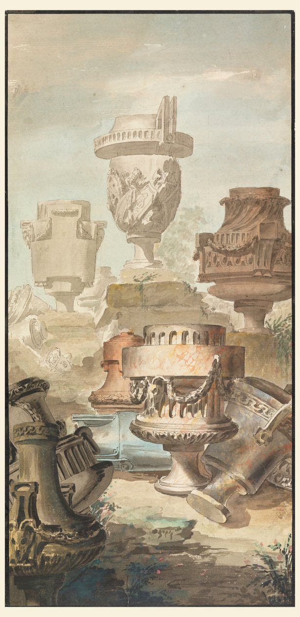 Disegno, Fantasia di rovina: Vasi e urne, 1770 da Jean Charles Delafosse