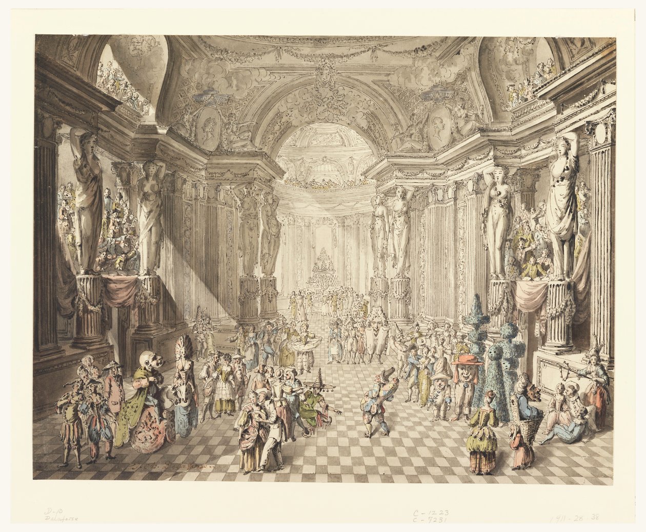Disegno, veduta di un ballo in maschera, 1770-80 da Jean Charles Delafosse