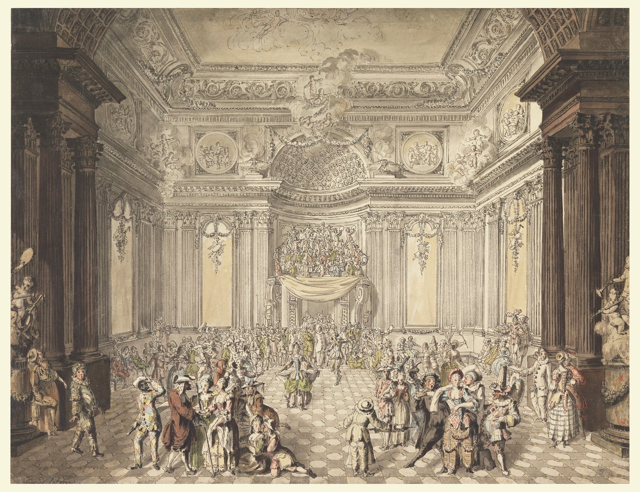 Disegno, veduta di un ballo in maschera, 1770-80 da Jean Charles Delafosse
