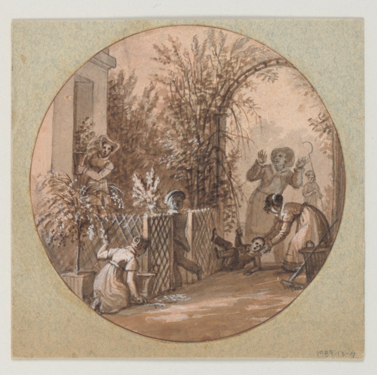 Progetto per un piatto di porcellana dipinta, scena di giardino dal Service de la Culture des Fleurs (Servizio di coltivazione dei fiori) da Jean Charles Develly