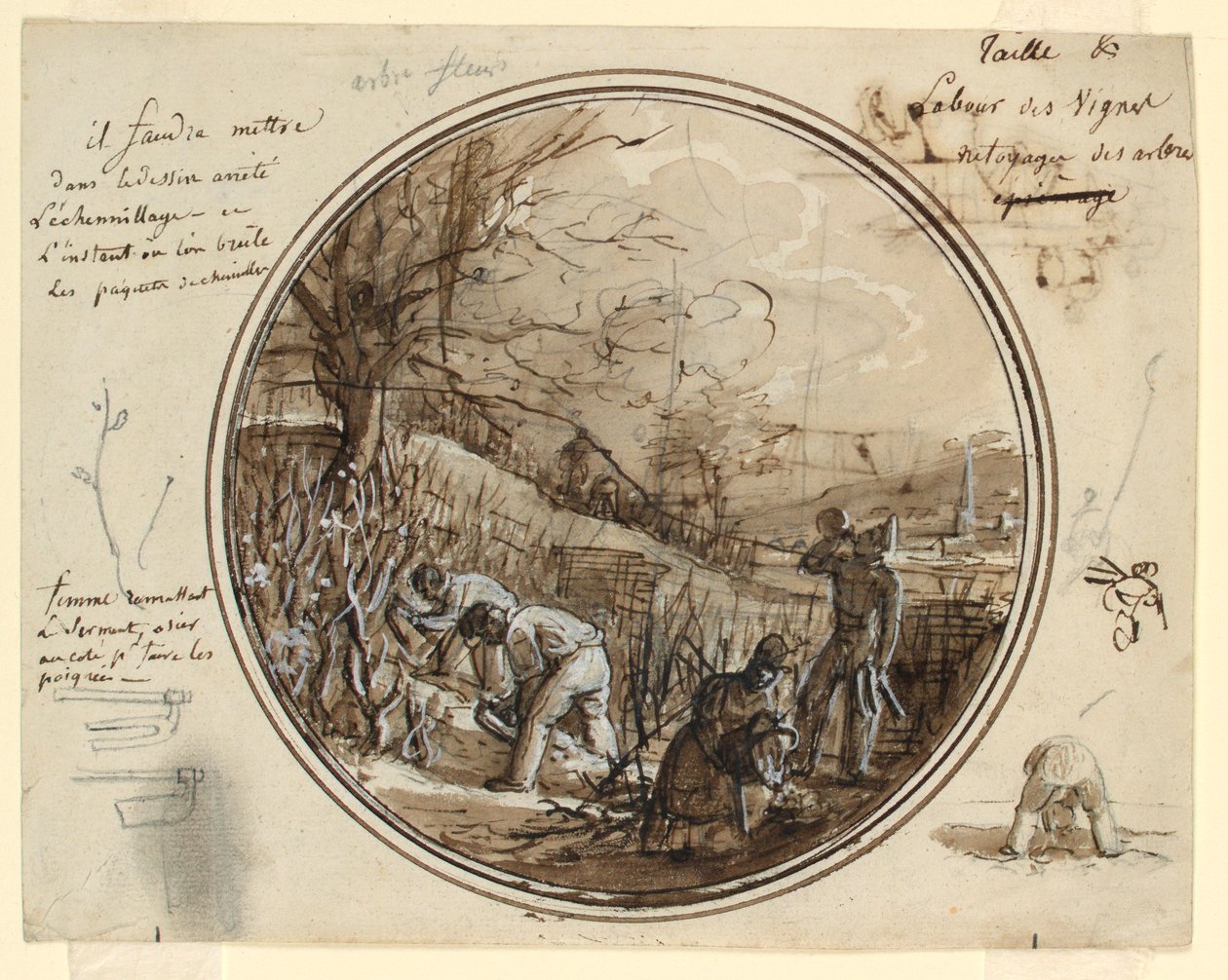 Disegno, Progetto per un piatto di porcellana dipinta, Taglio e lavoro nella vigna, 1819-20 da Jean Charles Develly