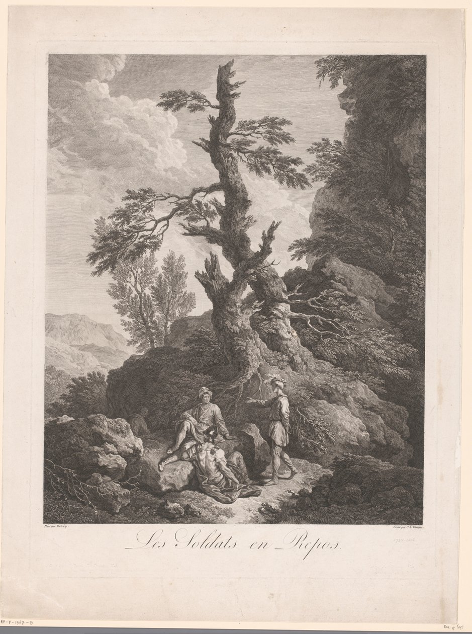 Soldati a riposo davanti a un albero in un paesaggio roccioso da Jean Charles Levasseur