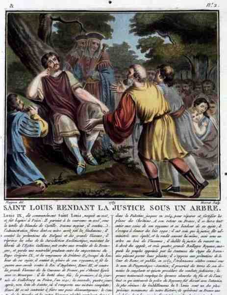 San Luigi Amministra Giustizia Sotto un Albero, inciso da Jean Baptiste Morret 1789 (incisione colorata) da Jean Claude (after) Naigeon