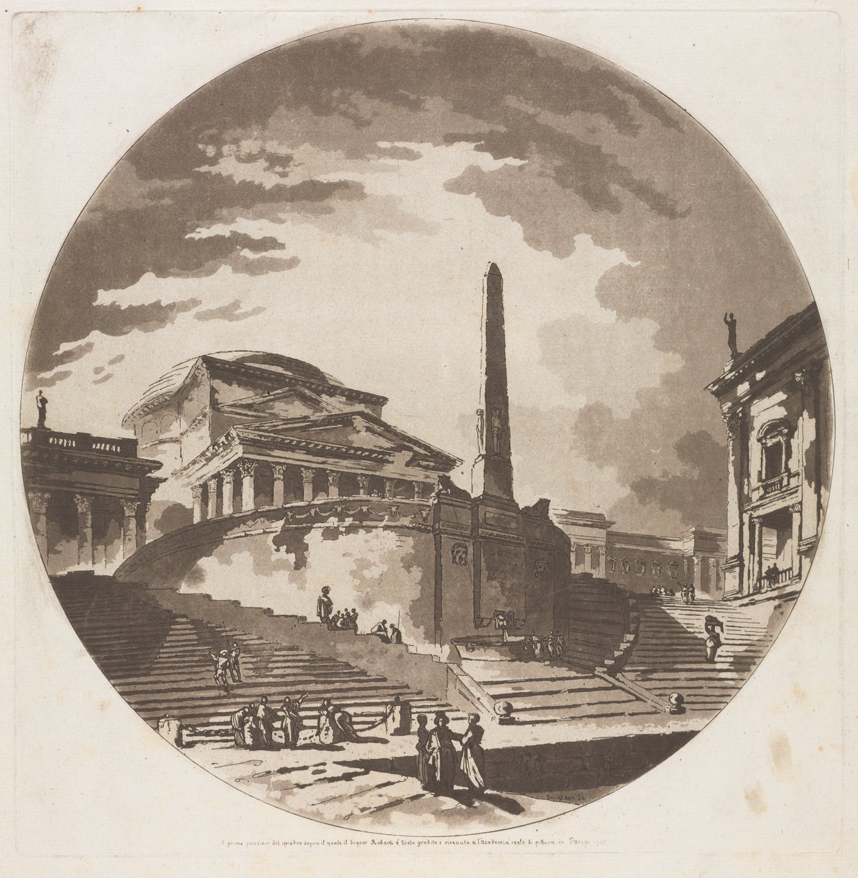 Veduta della Rotonda con scale sul Tevere da Jean Claude Richard de Saint Non