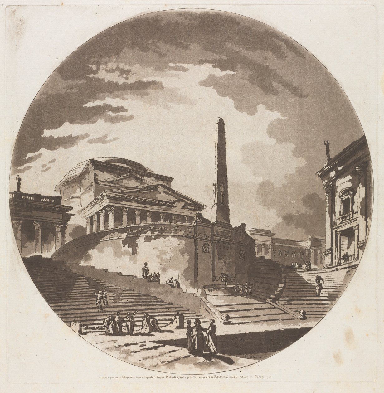 Vista della Rotonda con scale sul Tevere da Jean Claude Richard de Saint Non