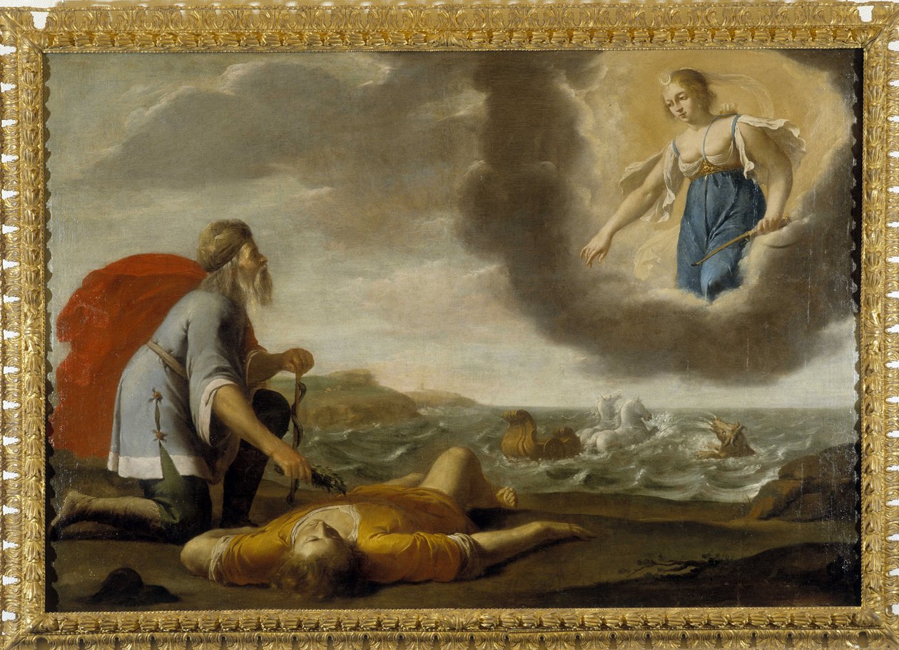Esculapio resuscita Ippolito: il figlio di Teseo morto è resuscitato da Esculapio sotto lo sguardo di Artemide da Jean Daret