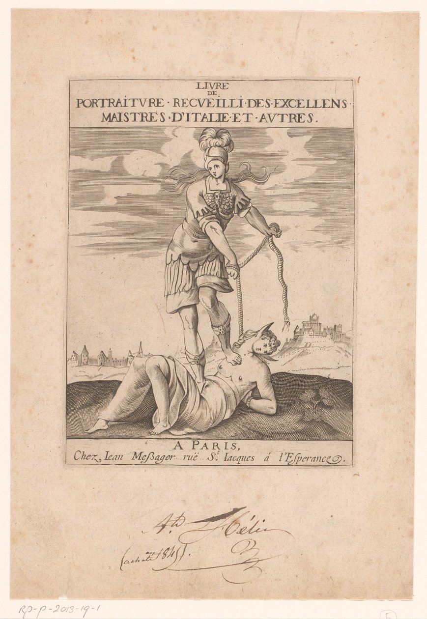 Minerva lega la Stupidità con una corda (Pagina del titolo per: s.n., Livre de portraiture receuilli des excellens maistres d’Italie et autres, ca. 1627) da Jean Dubrayet