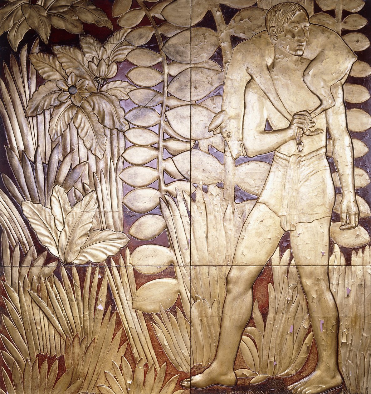Quattro pannelli in legno laccato e dorato da "La Chase", c.1935-1949 da Jean Dunand