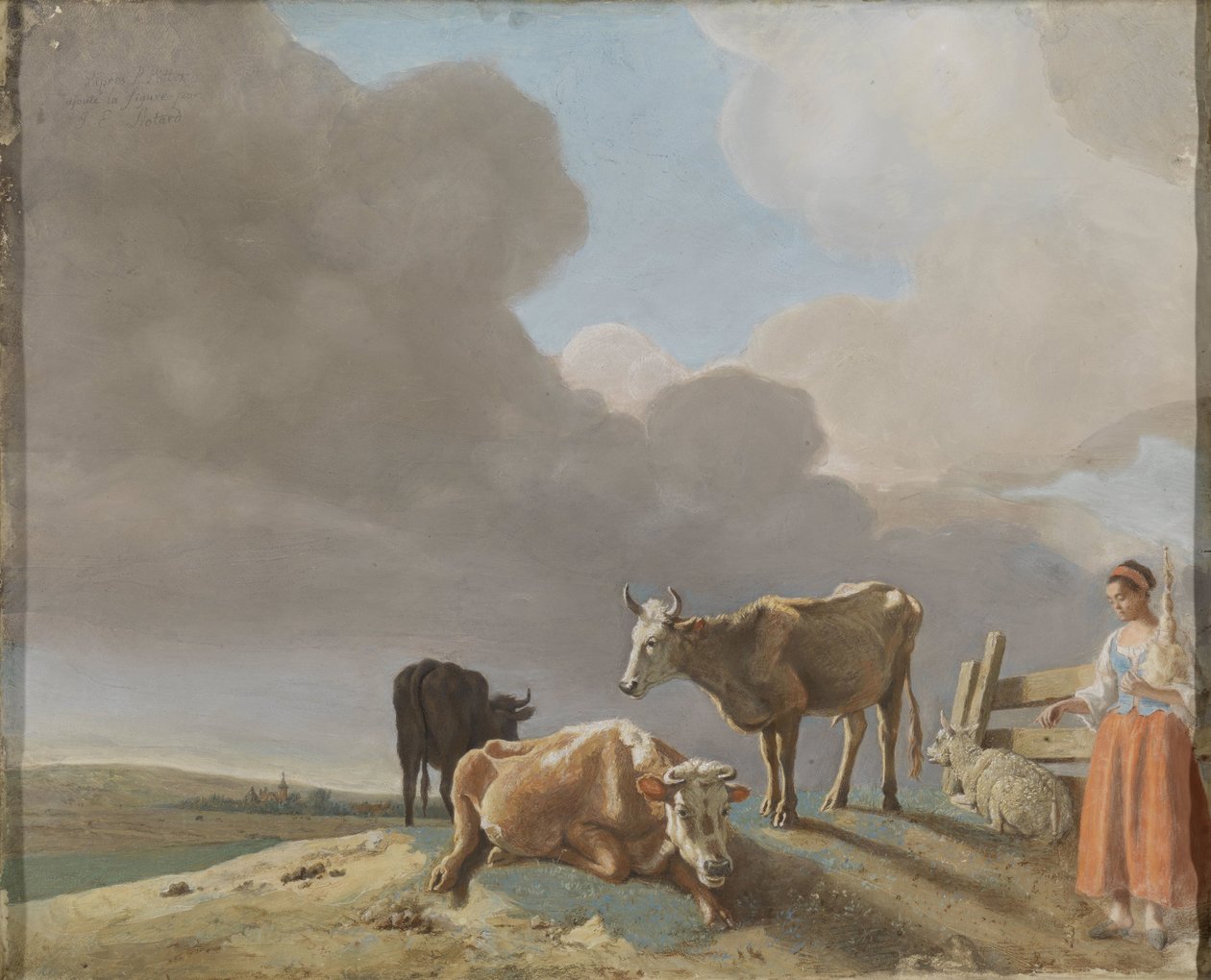 Paesaggio con mucche, pecore e pastorella, copia modificata di un dipinto di Paulus Potter, la pastorella copiata da un dipinto di Karel Dujardin (recto); ritratto incompiuto di un uomo (verso) da Jean Étienne Liotard
