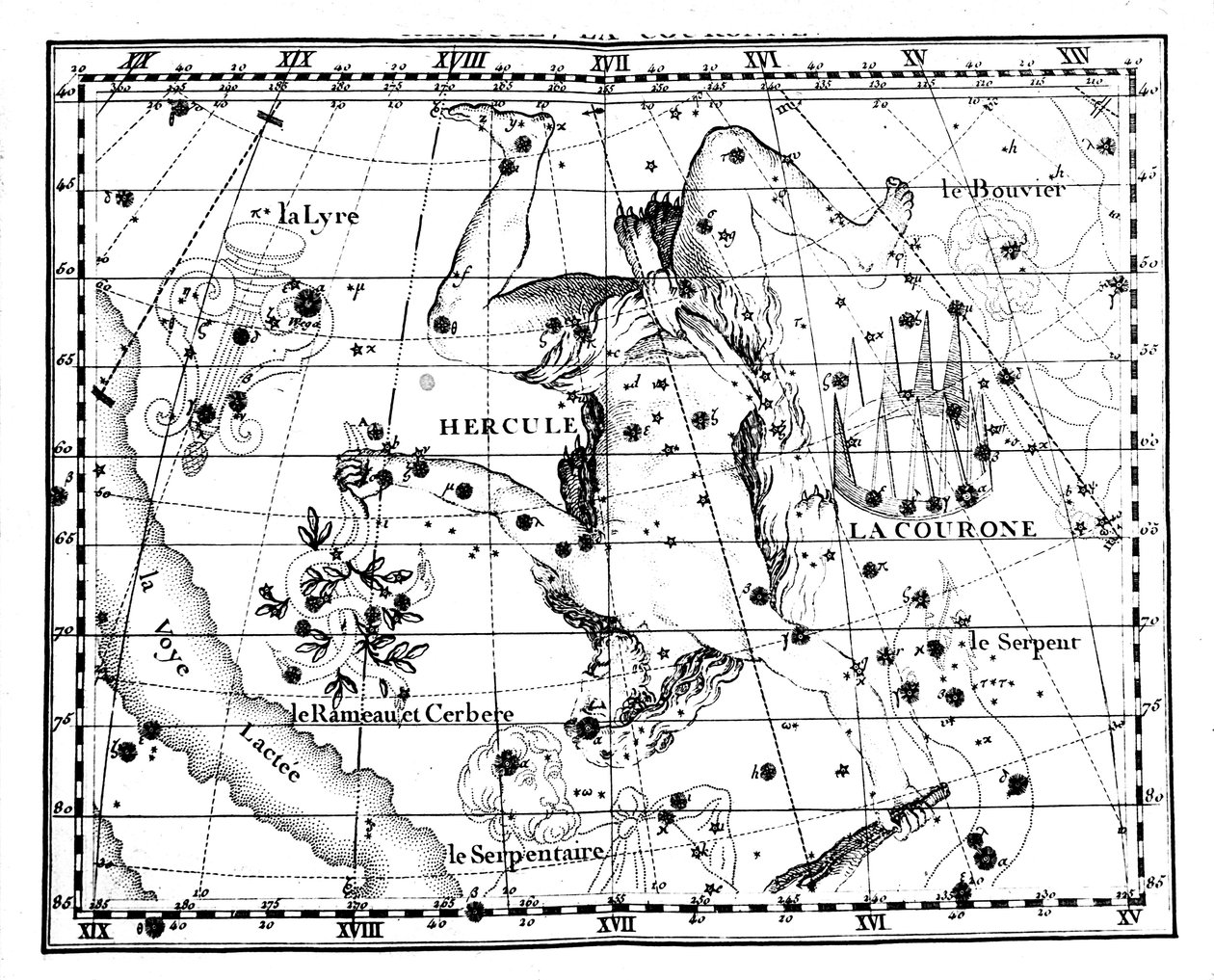 Mappa astronomica, centrata sulla costellazione di Ercole, 1775 da Jean Fortin