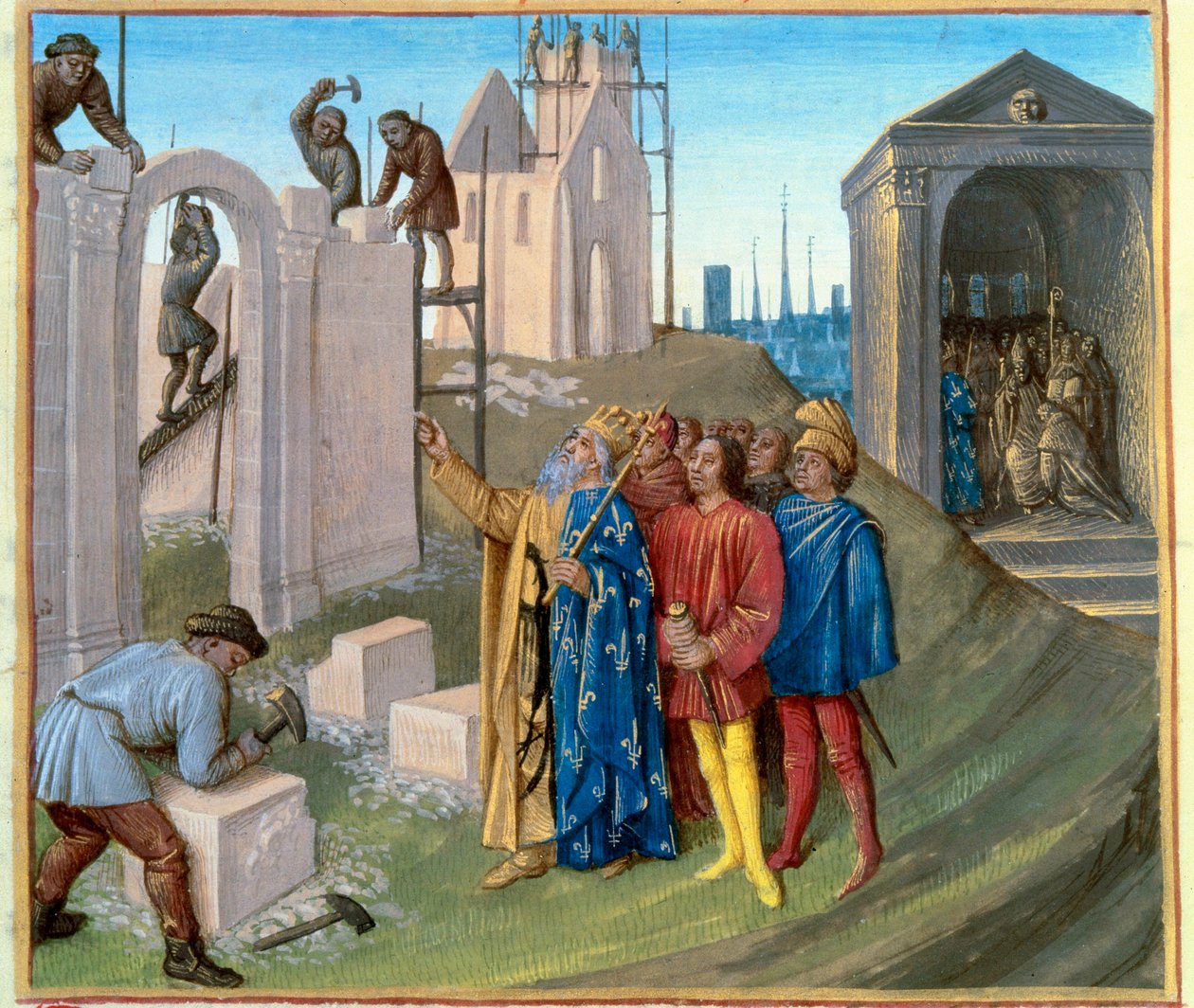 Costruzione del palazzo di Aquisgrana (796-805) da parte di Carlo Magno (742-814) che sovrintende al cantiere. A destra, Pipino il Gobbo (770-811) che diventa monaco. Miniatura dalle 