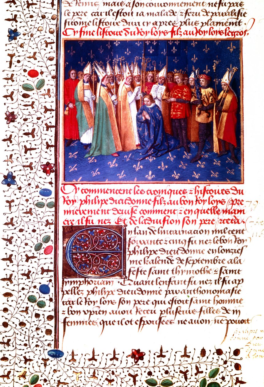 Incoronazione del re francese Filippo II Augusto nel 1179, 1455-60 circa (miniatura) da Jean Fouquet