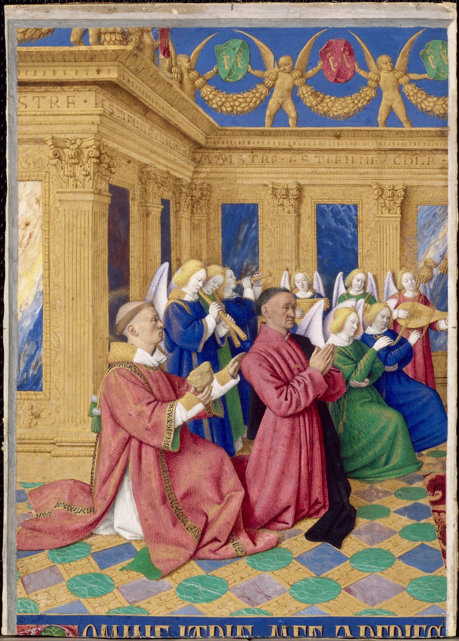 Étienne Chevalier e il suo patrono Saint Étienne, miniatura dalle Ore di Étienne Chevalier da Jean Fouquet