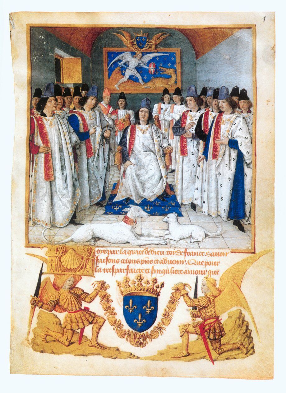 Il re Luigi XI presiede una riunione capitolare della ... (manoscritto miniato) da Jean Fouquet