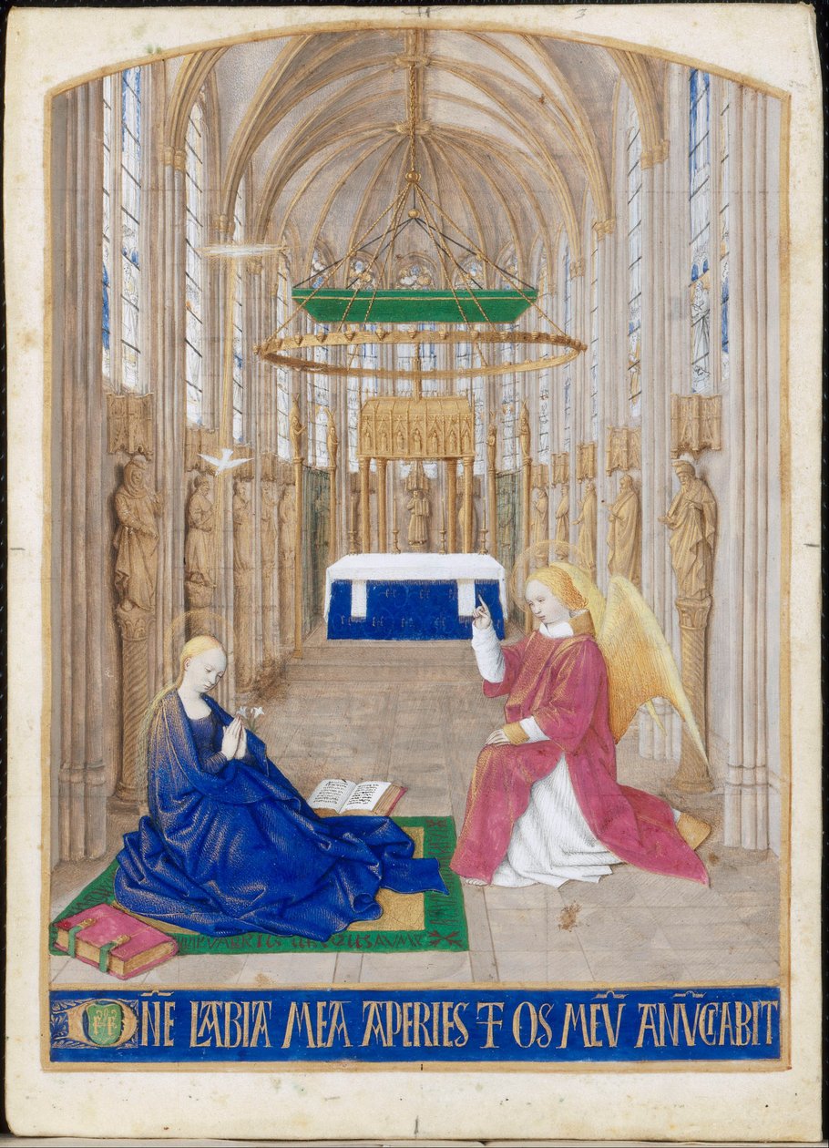 Annunciazione, miniatura dalle Ore di Étienne Chevalier. Ufficio dello Spirito Santo, Mattutino da Jean Fouquet