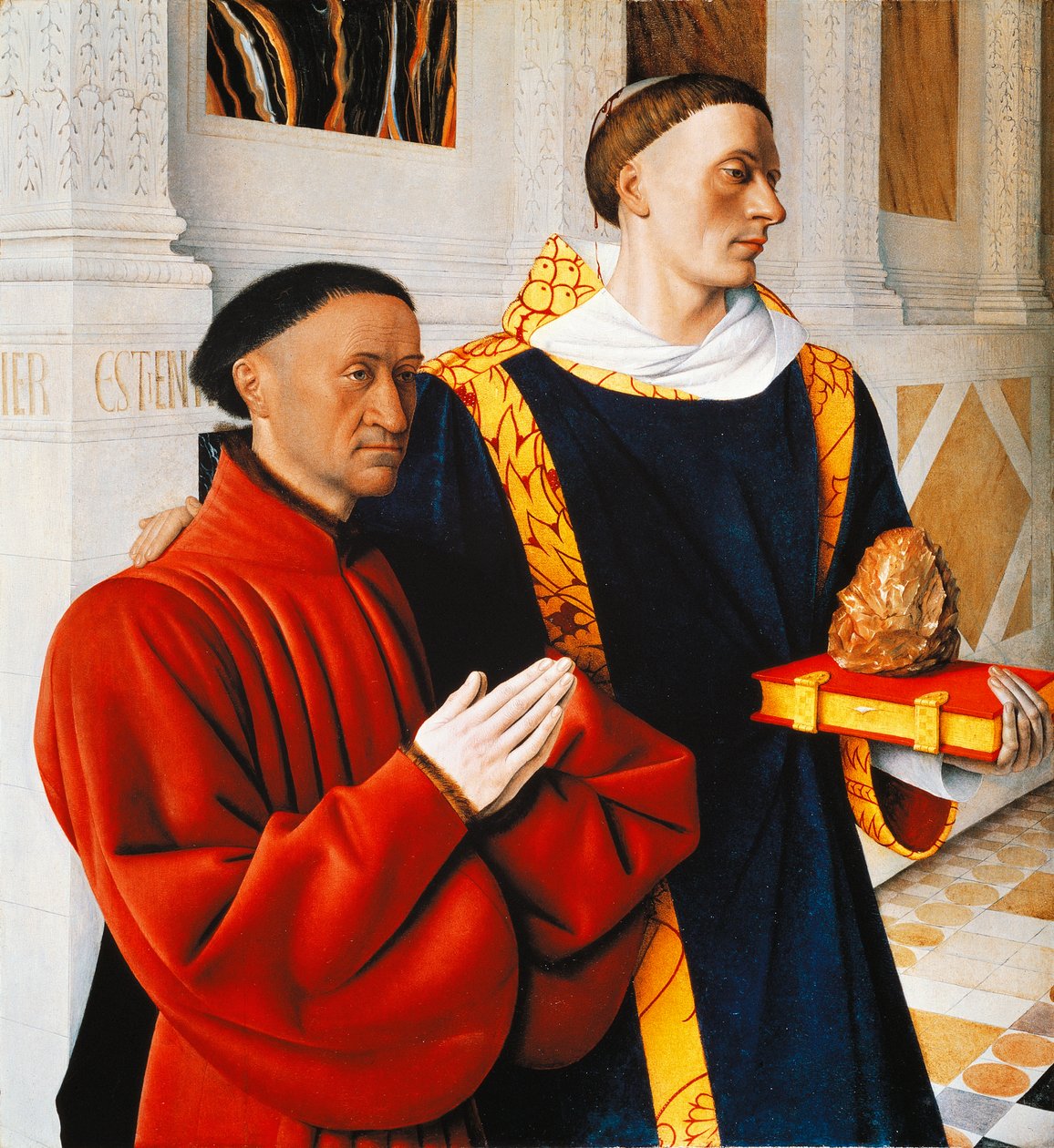 Pannello sinistro del Dittico di Melun: Etienne Chevalier con il suo santo patrono Santo Stefano da Jean Fouquet