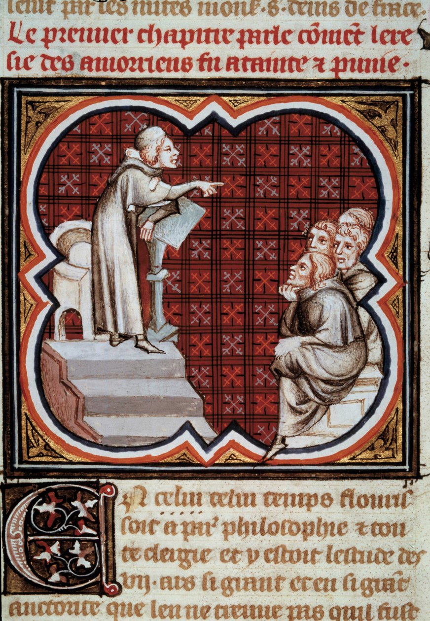 Il filosofo e teologo francese Amaury de Chartres (o Amaury de Bene o Amalricus de Bene) (morto nel 1209) davanti ai suoi discepoli (gli Amauriciani). Miniatura dalle Grandes Chroniques de France illuminata da Jean Fouquet (1420-1481) da Jean Fouquet