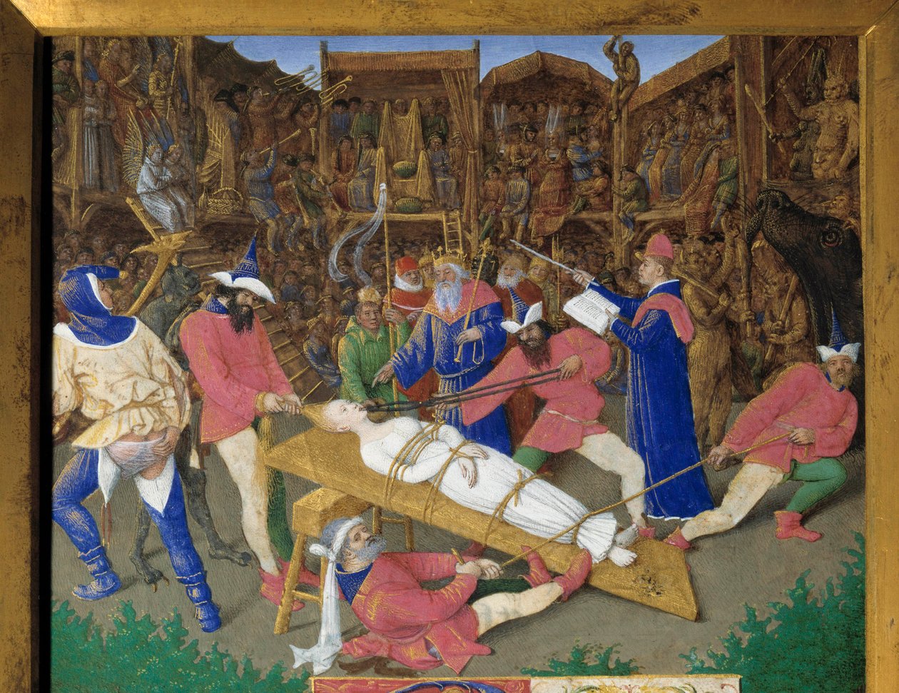 I voti dei santi. Martirio di Santa Apollonia. La santa cristiana Apollonia di Alessandria è torturata dai pagani nel 249 d.C. Gli esecutori le tirano i capelli e le rompono i denti. L