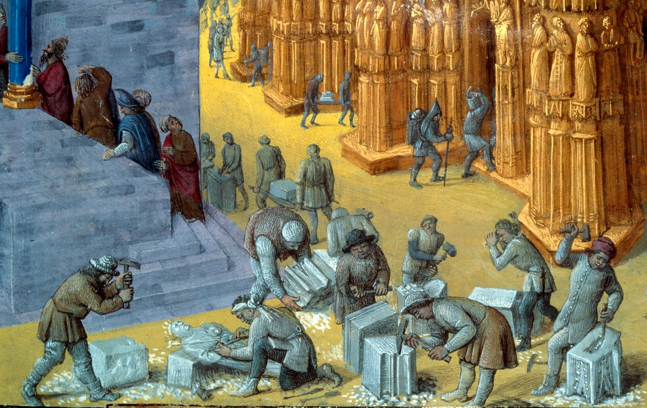 La costruzione del tempio di Gerusalemme da parte del re Salomone. Dettaglio che rappresenta i tagliapietre. Miniatura dal manoscritto "Le Antichità Giudaiche" di Giuseppe Flavio, illustrata da Jean Fouquet (1425-1481) da Jean Fouquet