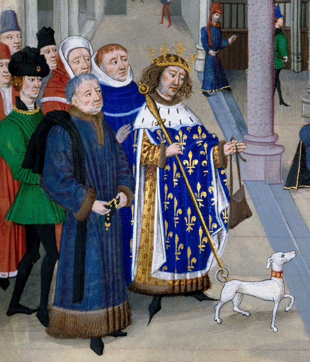 (dettaglio) Le roi saint Louis (Louis IX appresta a partire oltremare). Miniatura da "Les Grandes Chroniques" di Jean Fouquet, Parigi, Bibliothèque de l