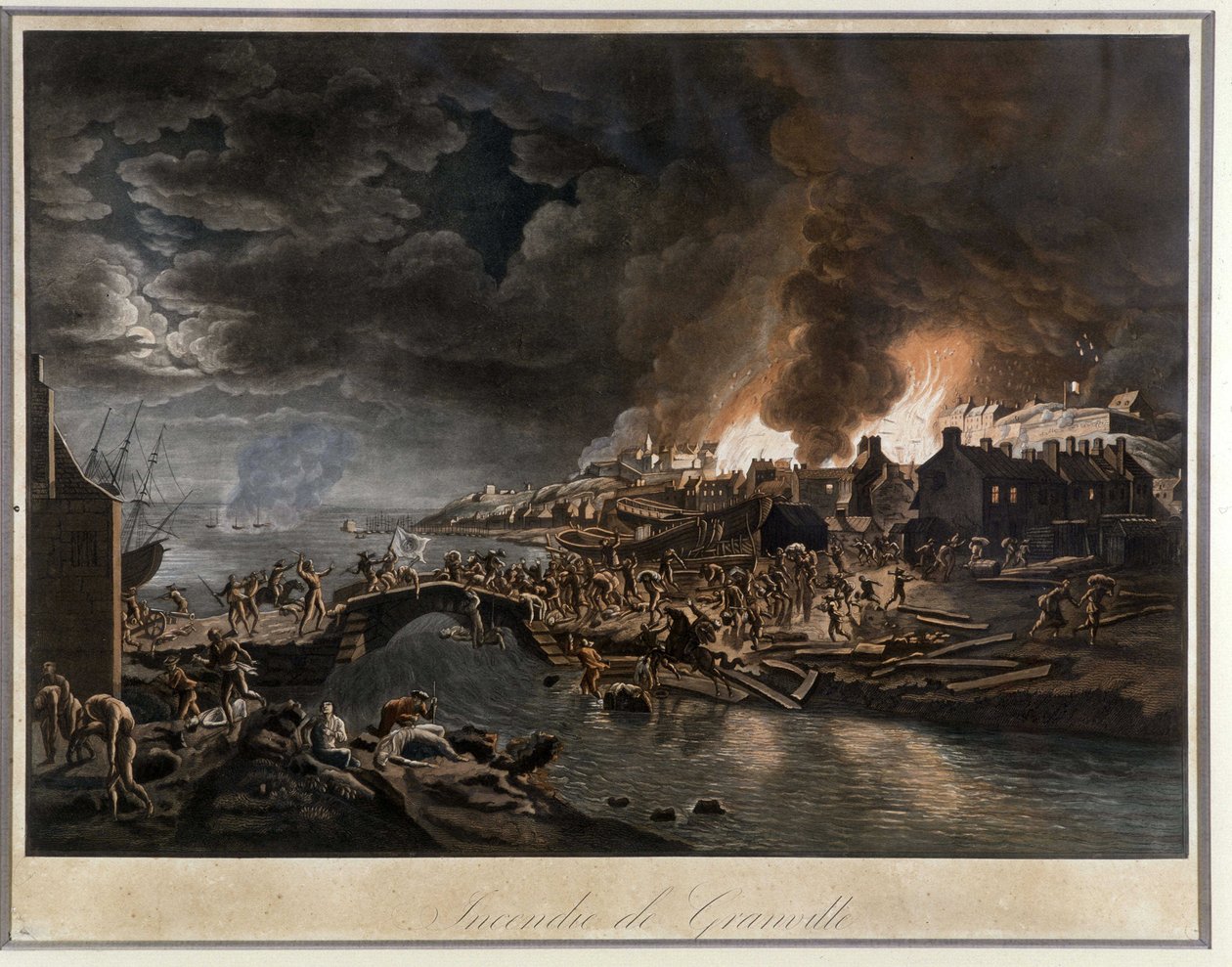 Granville in fiamme assediata dai Vandeani, basato su un dipinto di J. François Hue, c. 1800 da Jean Francois Hue
