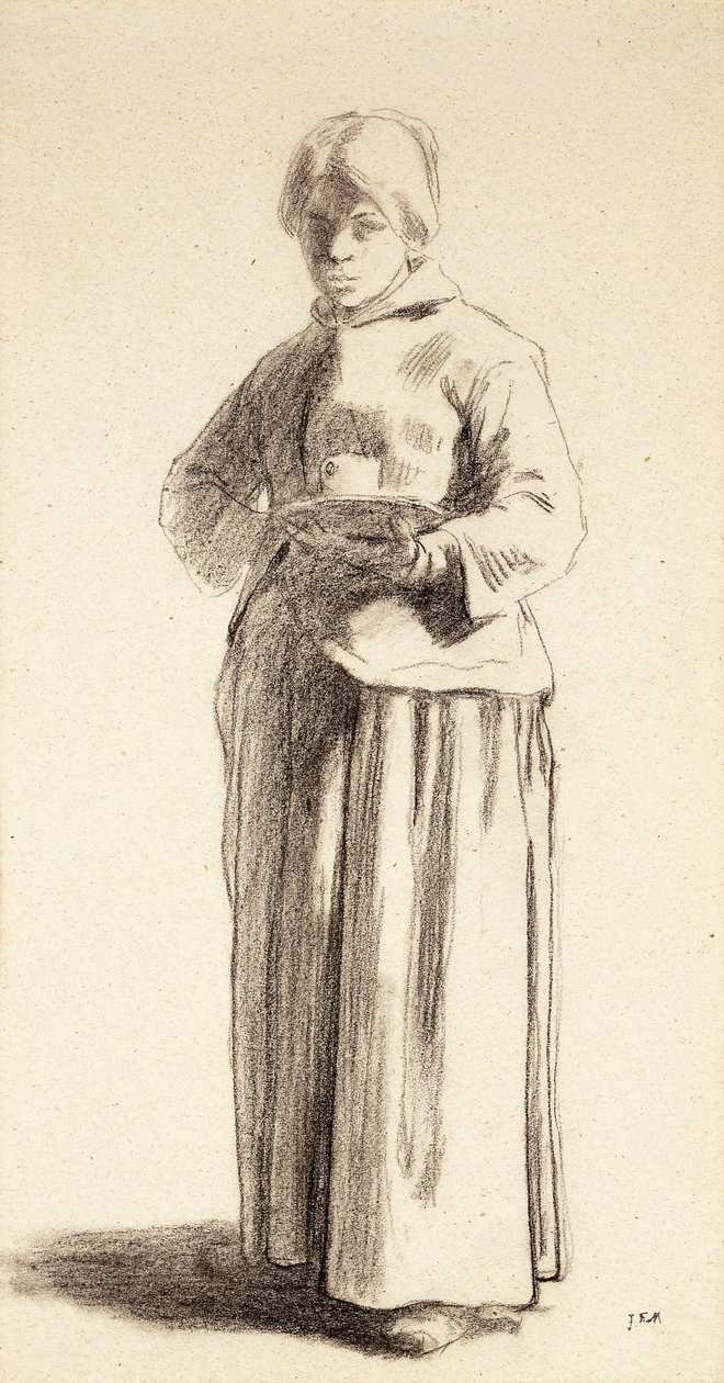 Una donna in piedi che tiene una tazza da Jean Francois Millet