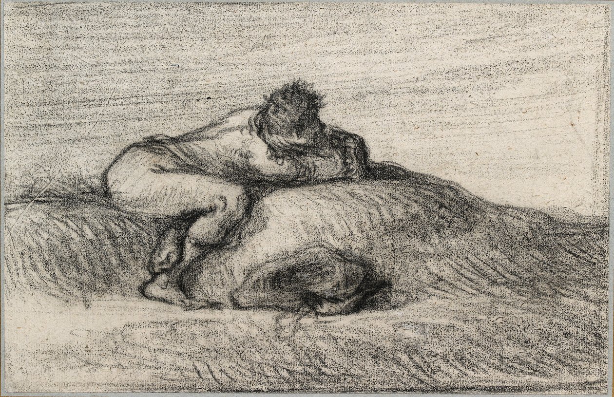 Uomo accovacciato su un rialzo da Jean-Francois Millet