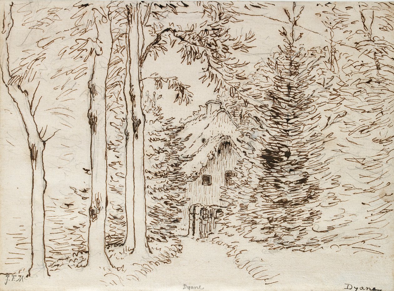 Sentiero attraverso i boschi verso una casa dal tetto di paglia da Jean Francois Millet