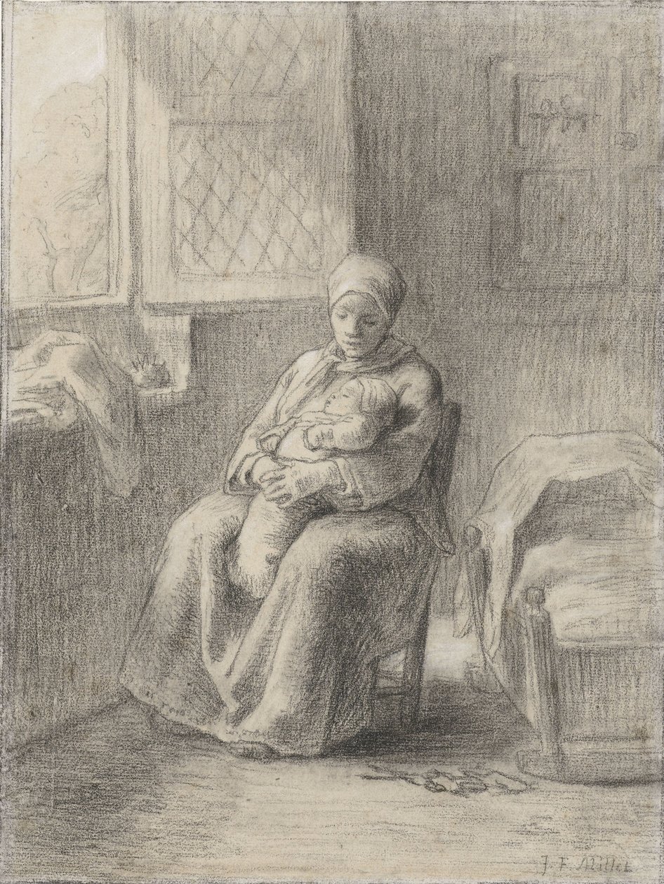 Donna seduta con un bambino vicino a una finestra, c.1824-75 da Jean Francois Millet