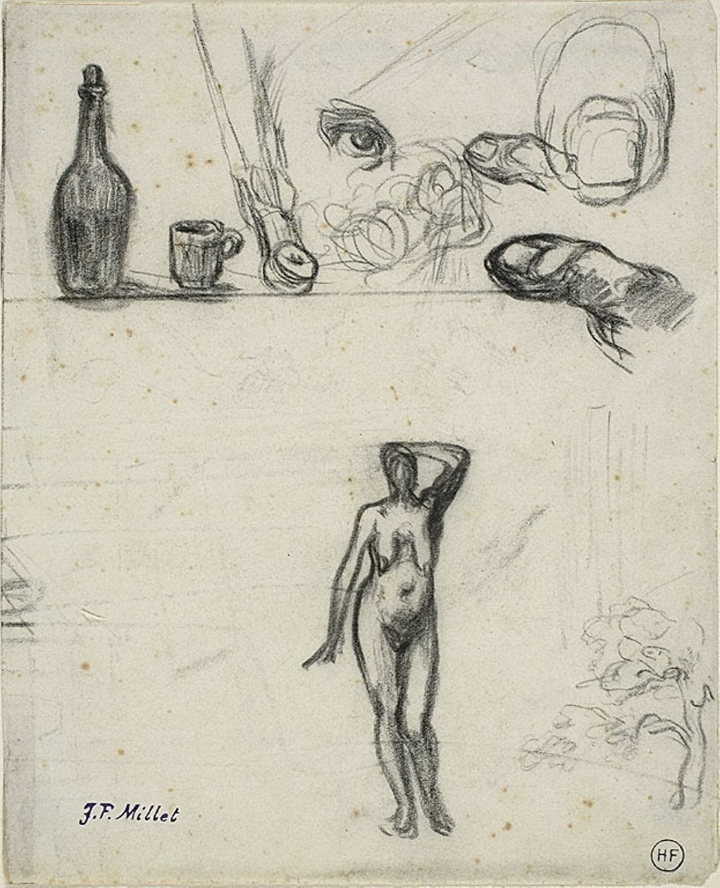 Foglio di schizzi: Nudo femminile in piedi, albero, natura morta, dita e occhio da Jean Francois Millet
