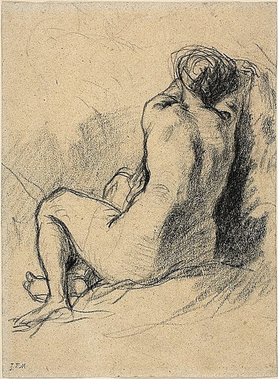 Studio: Donna nuda vista di spalle (recto) Schizzi di contadini al lavoro (verso) da Jean Francois Millet