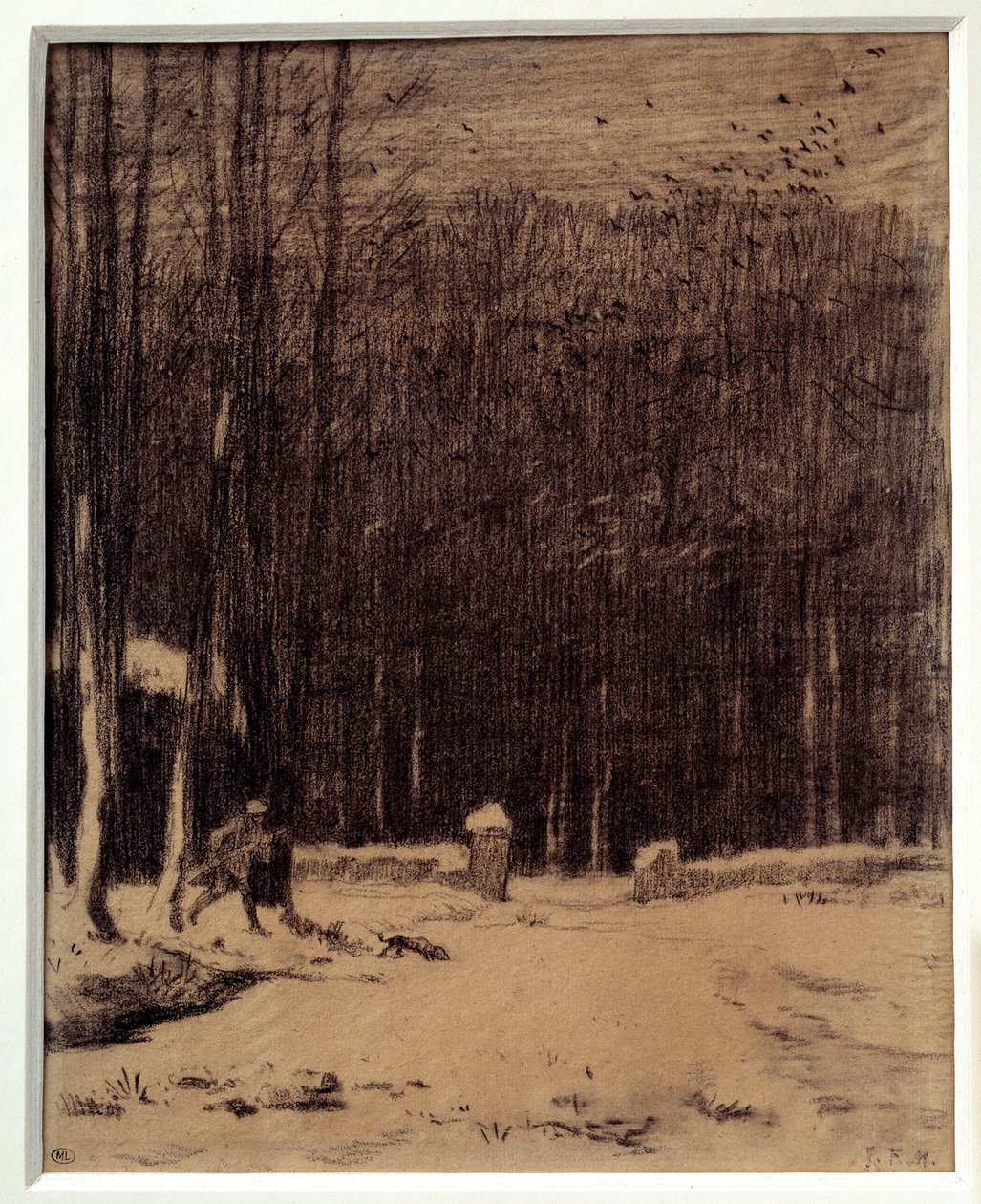 Ingresso alla foresta di Barbizon, effetto neve. Disegno a matita nera di Jean Francois Millet da Jean Francois Millet