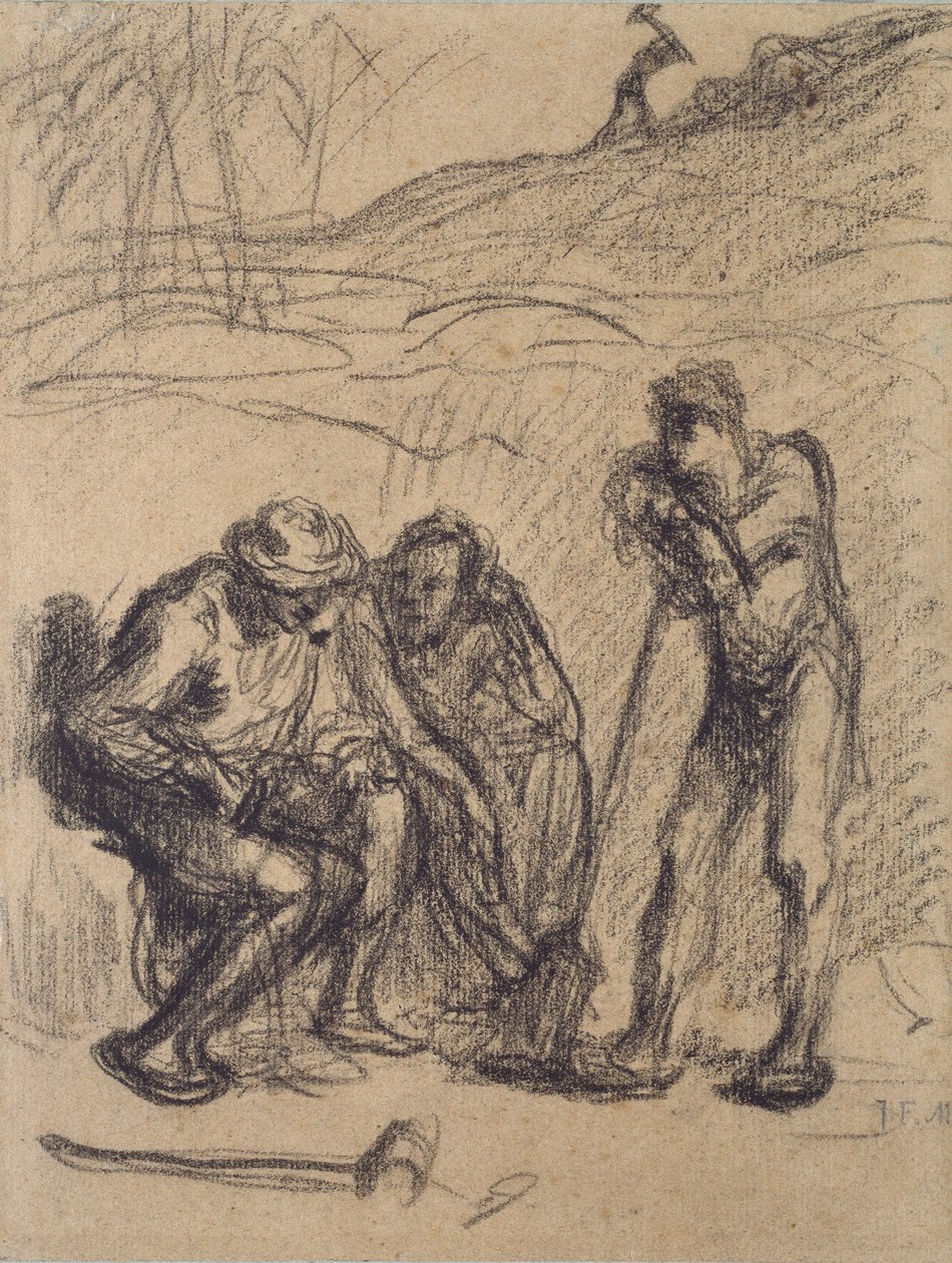 Tre contadini che riposano, uno appoggiato a una vanga, c. 1850-1851 da Jean Francois Millet