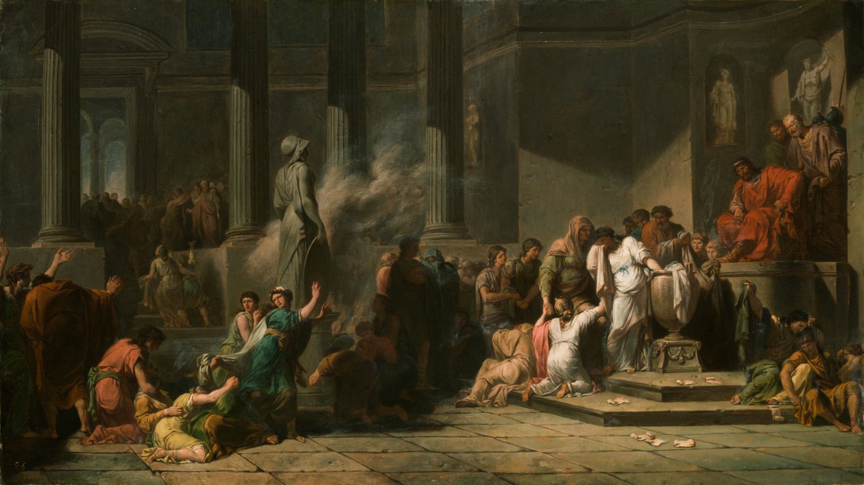 Ragazze ateniesi che estraggono a sorte per determinare quali sette tra loro saranno inviate a Creta per il sacrificio al Minotauro da Jean François Pierre Peyron