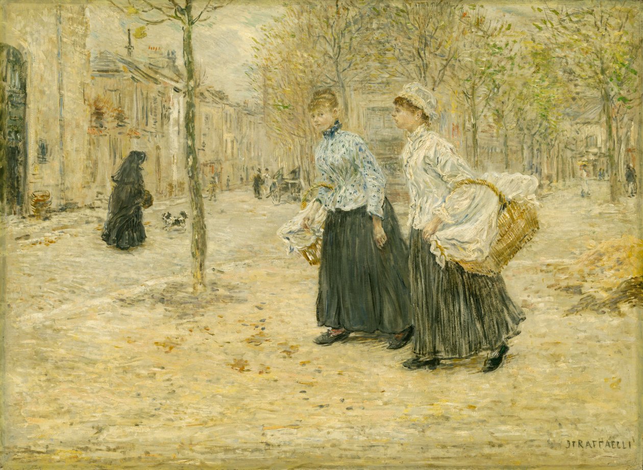 Due lavandaie attraversano un piccolo parco a Parigi da Jean Francois Raffaelli