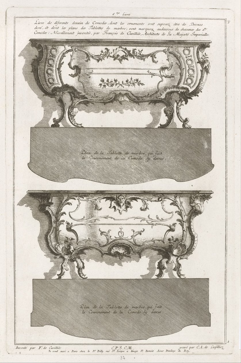 Due diversi disegni di comò da Jean François Cuvilliés