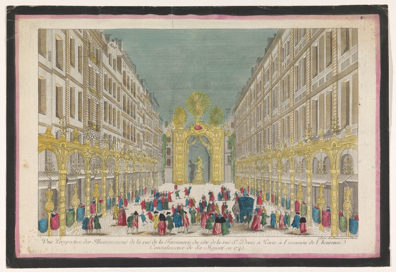 Vista della decorazione di Rue de la Feronnerie a Parigi per il recupero di Luigi XV, re di Francia, nel 1745 da Jean François Daumont