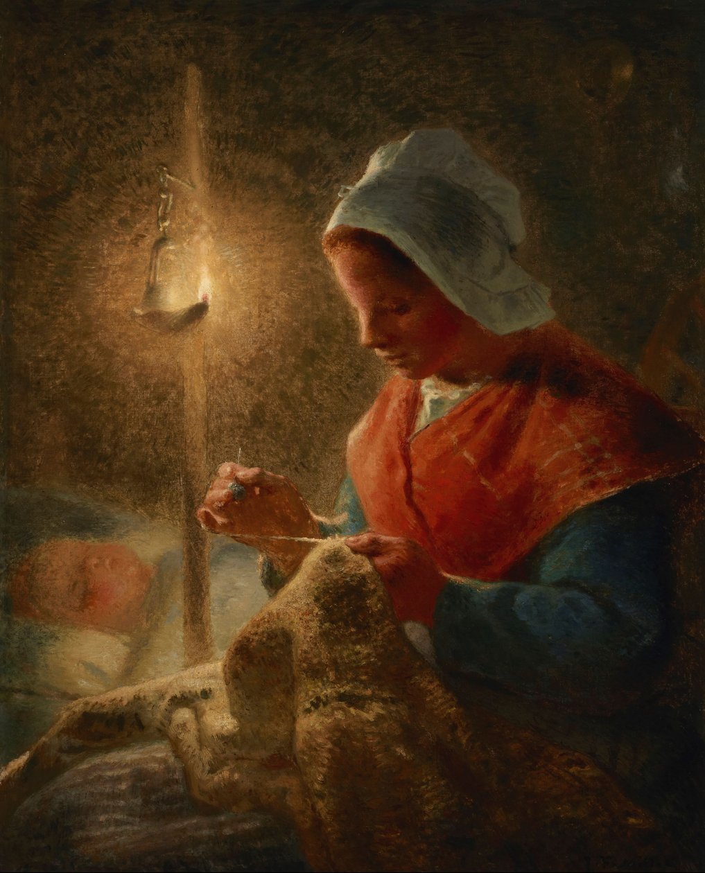 Francese: Femme coud à la lumière de la lampe Donna che cuce al lume della lampada da Jean Francois Millet