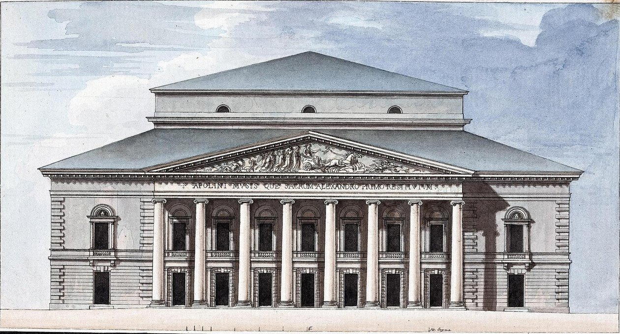 Facciata del Teatro Imperiale Bolshoi Kamenny di San Pietroburgo da Jean François Thomas de Thomon