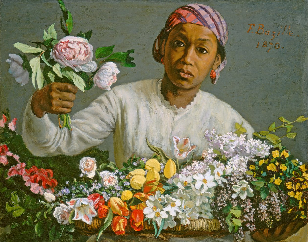 Giovane donna con peonie, 1870 da Jean Frederic Bazille